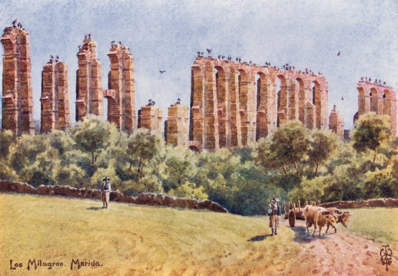 Severní Španělsko: Merida, „Los Milagros“, zřícenina Velkého akvaduktu (barva litho) od Edgar T. A. Wigram