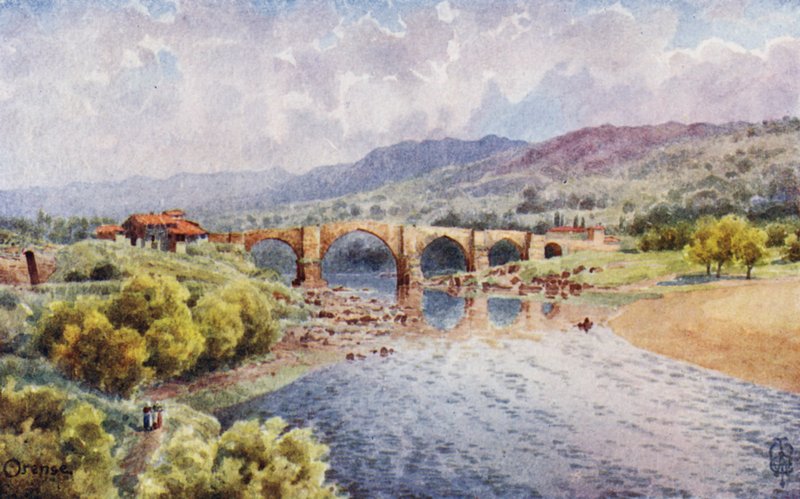 Severní Španělsko: Orense, Most přes Mino (barevné lito) od Edgar T. A. Wigram