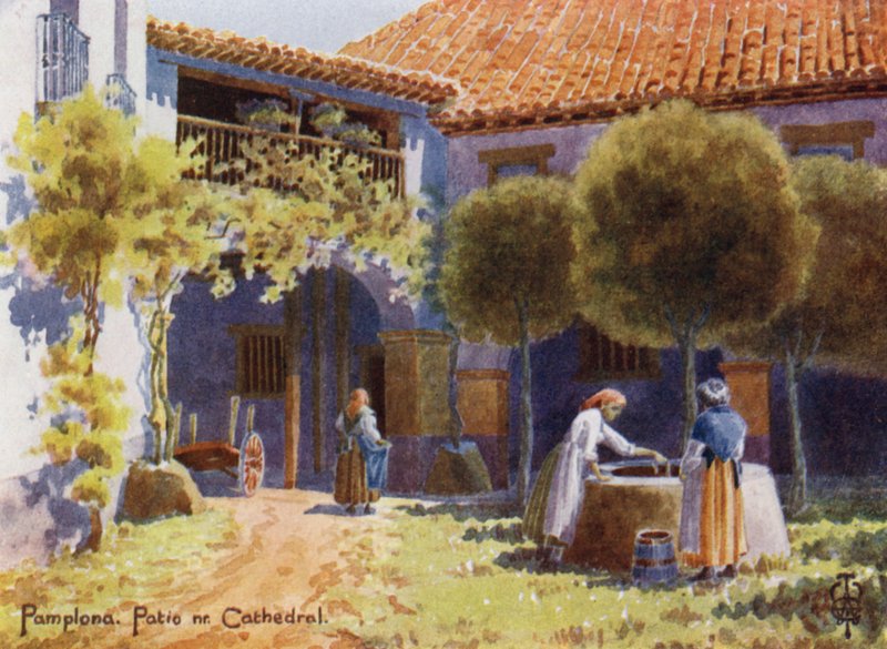 Severní Španělsko: Pamplona, Patio u katedrály (barevné lito) od Edgar T. A. Wigram