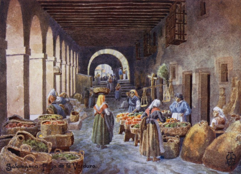 Severní Španělsko: Salamanca, Arkády na Plaza de la Verdura (barevné lito) od Edgar T. A. Wigram