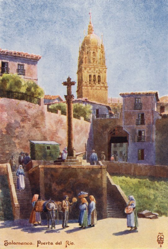 Severní Španělsko: Salamanca, Puerta del Rio, s věží katedrály (barevně lito) od Edgar T. A. Wigram