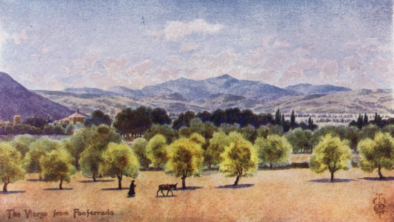 Severní Španělsko: Vierzo, z Ponferrady, při pohledu směrem k průsmyku Piedrafita (barva litho) od Edgar T. A. Wigram