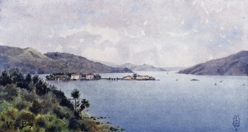 Severní Španělsko: Vigo Bay, Vnitřní přístav, výhled na moře (barva litho) od Edgar T. A. Wigram