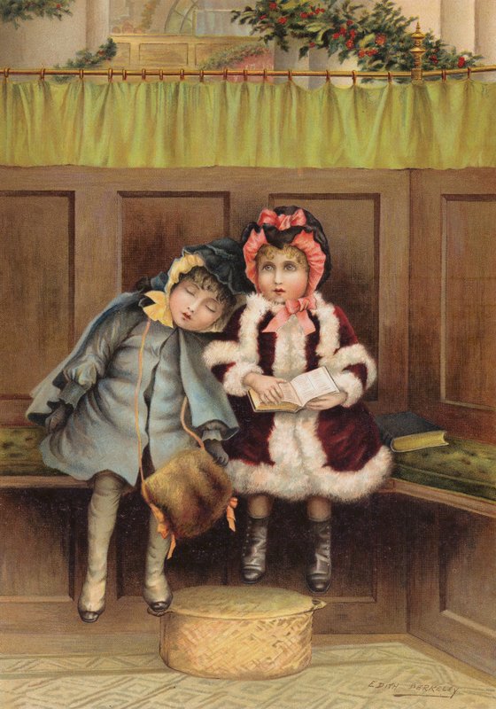 Dvě dívky v kostele na vánoční ráno (chromolitho) od Edith S. Berkeley