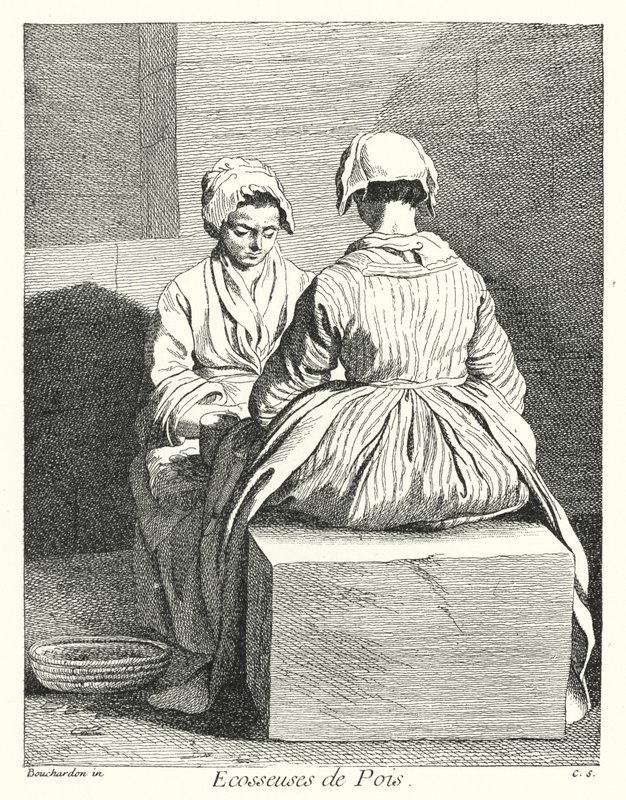 Pea Shellers (rytina) od Edmé (after) Bouchardon