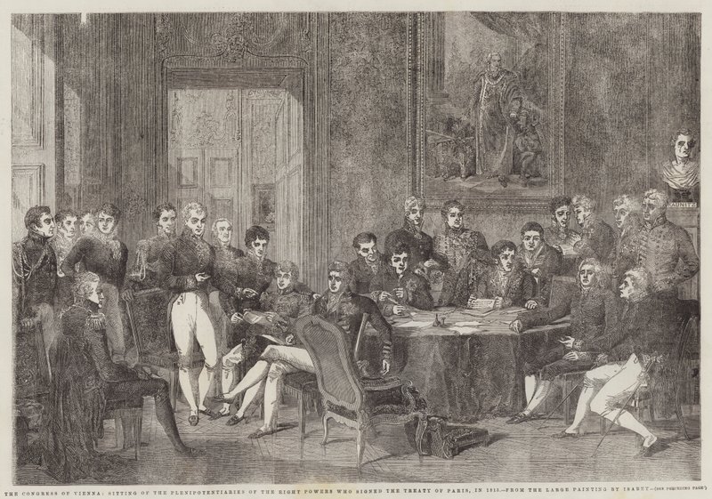 Vídeňský kongres, zasedání zmocněnců osmi mocností, kteří podepsali Pařížskou smlouvu, v roce 1815 od Edmond Morin