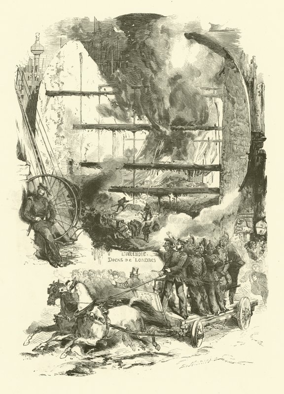 Požár v londýnských docích (rytina) od Edmond (after) Morin