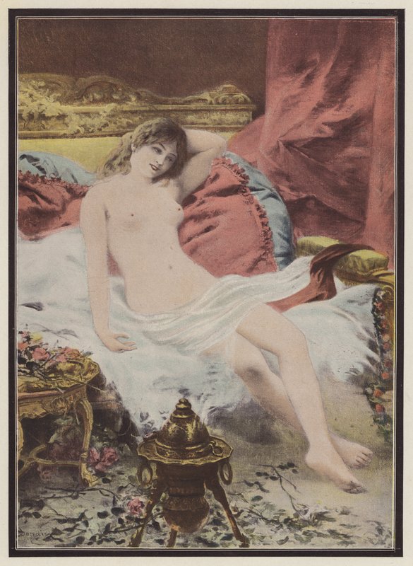 Delerium, žena sedící na pohovce (barva litho) od Edmond Louis Dupain