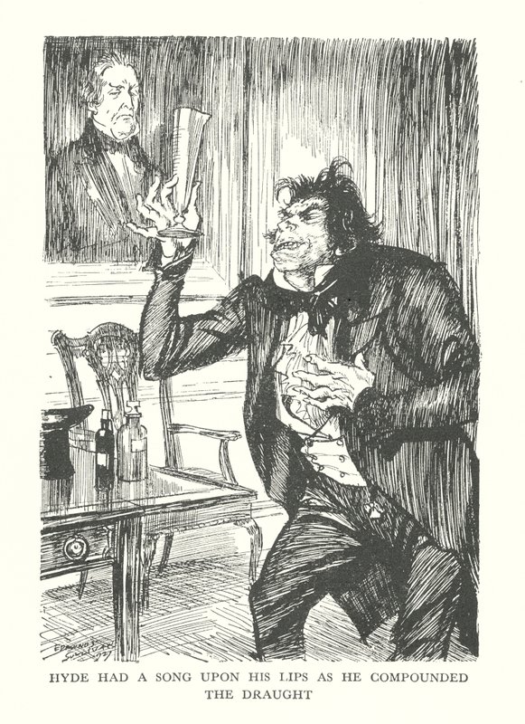 Ilustrace ke knize R. L. Stevensona Podivný případ doktora Jekylla a pana Hyda (litografie) od Edmund Joseph (after) Sullivan