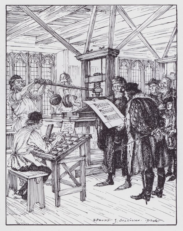 William Caxton ve své tiskárně (litho) od Edmund Joseph (after) Sullivan
