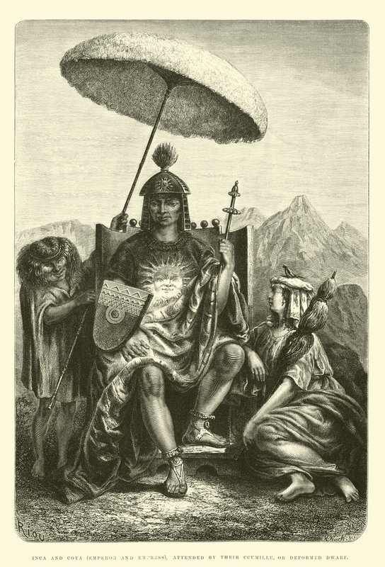 Inca a Coya (císař a císařovna), kterých se účastní jejich Ccumillu neboli deformovaný trpaslík od Edouard Riou