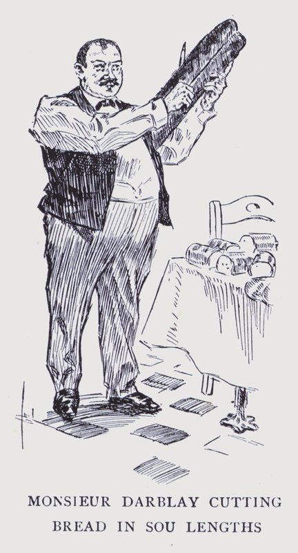 Bohémská Paříž: Monsieur Darblay krájí chléb na sou (litografie) od Edouard Alfred (1875 1954) Cucuel