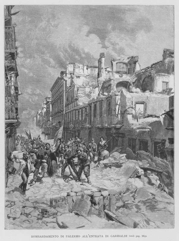 Bombardování Palerma u vchodu Garibaldi (rytina) od Edouardo Matania