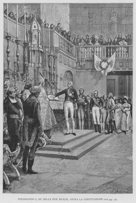 Ferdinand I., král obou Sicílií, přísahá na ústavu (rytina) od Edouardo Matania