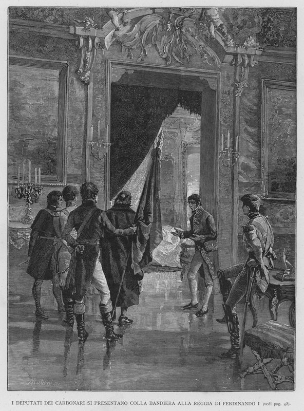 Zástupci karbonářů se představují s vlajkou v královském paláci Ferdinanda I. (rytina) od Edouardo Matania