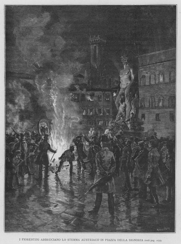 Florenťané Abbruciano Rakouský erb na náměstí Piazza Della Signoria (rytina) od Edouardo Matania