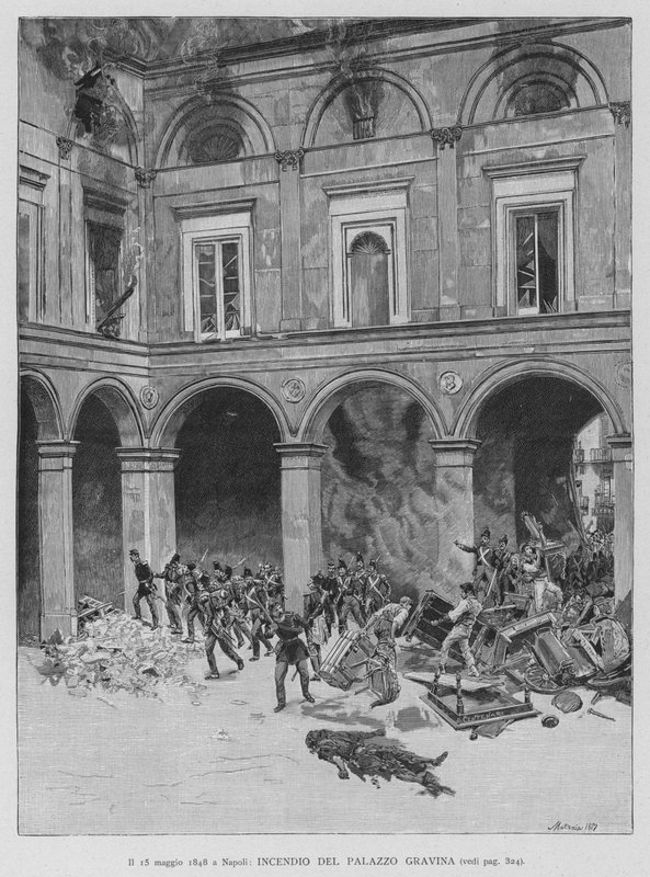 Dne 15. května 1848 v Neapoli, požár paláce Gravina (rytina) od Edouardo Matania