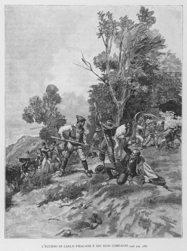Masakr Carla Pisacanea a jeho společníků (rytina) od Edouardo Matania