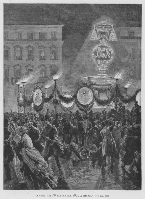 Večer 8. září 1847 v Miláně (rytina) od Edouardo Matania