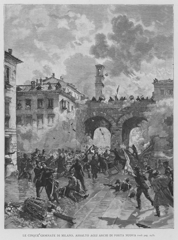 Pět dní Milána, útok na oblouky Porta Nuova (rytina) od Edouardo Matania