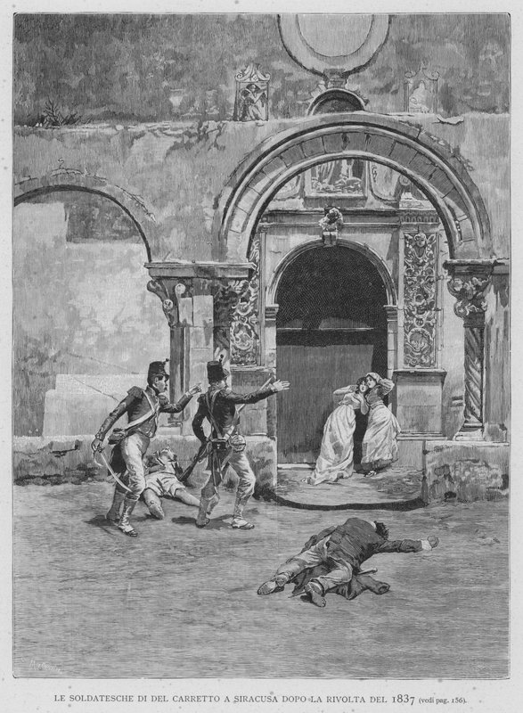 Vojáci Del Carretto v Syrakusách po povstání v roce 1837 (rytina) od Edouardo Matania