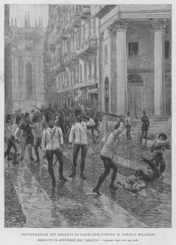 Provokace Radeckého vojáků proti milánskému lidu, který se rozhodl zdržet se tabáku, 3. ledna 1848 (rytina) od Edouardo Matania