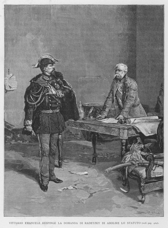 Vittorio Emanuele zamítá Radeckého žádost o zrušení statutu (rytina) od Edouardo Matania