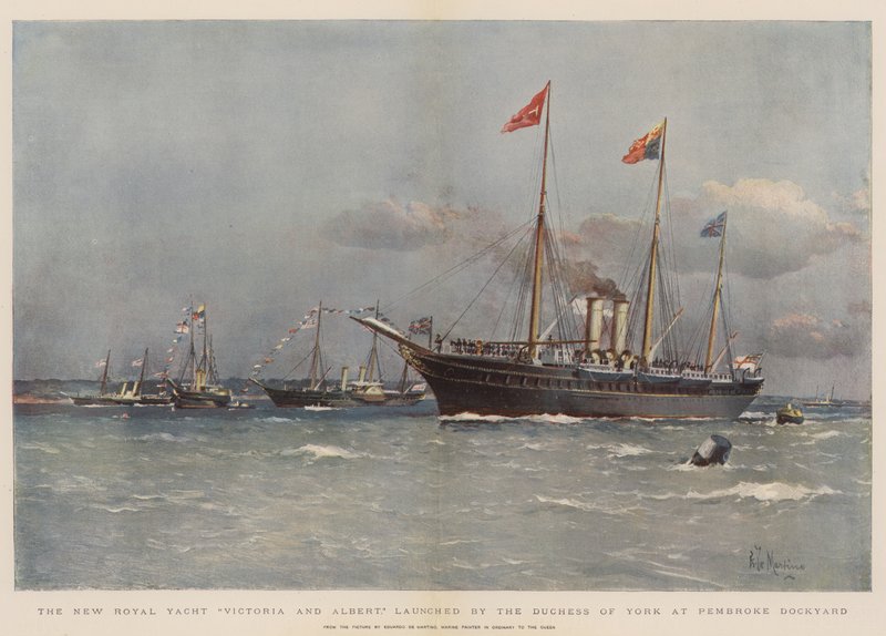 Nová královská jachta Victoria and Albert, spuštěná vévodkyní z Yorku v Pembroke Dockyard (chromolitho) od Eduardo de Martino