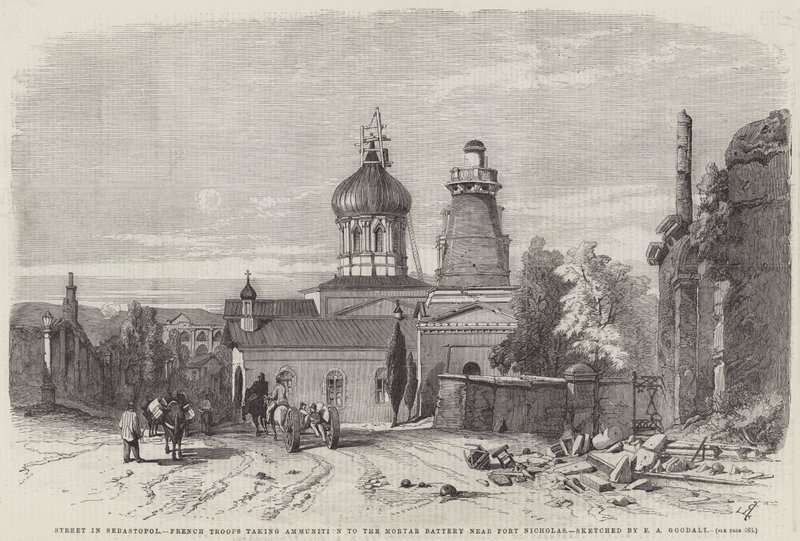 Ulice v Sebastopolu, francouzští vojáci berou munici do minometné baterie poblíž Fort Nicholas od Edward Angelo Goodall