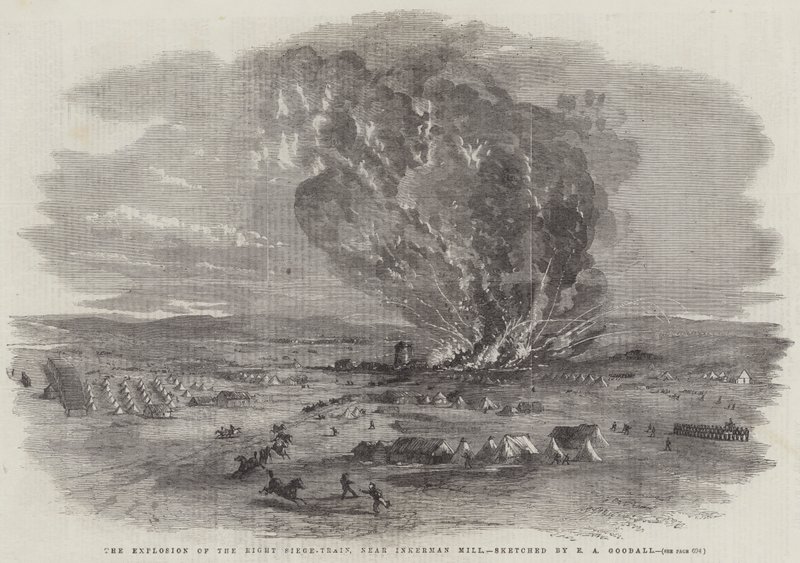 Exploze pravého obléhacího vlaku poblíž Inkerman Mill od Edward Angelo Goodall