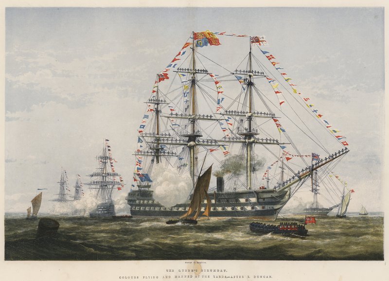 Královniny narozeniny, barvy létající a obsazené na Yards (chromolitho) od Edward Duncan