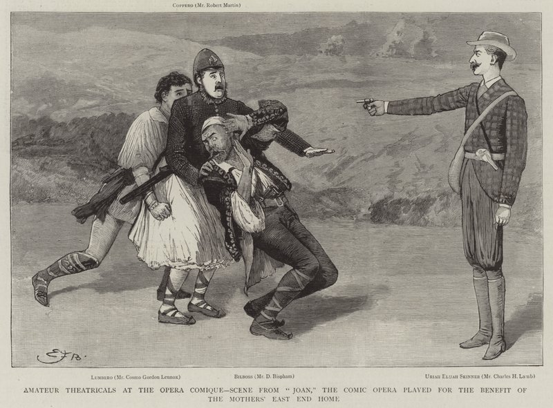 Amatérská divadla v Opera Comique, scéna z komické opery Joan hrané ve prospěch Domova matek v East Endu od Edward Frederick Brewtnall