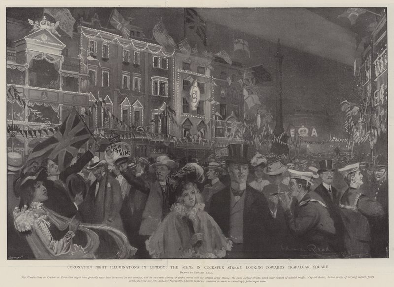 Coronation Night Illuminations v Londýně, scéna v Cockspur Street, při pohledu na Trafalgar Square od Edward Read