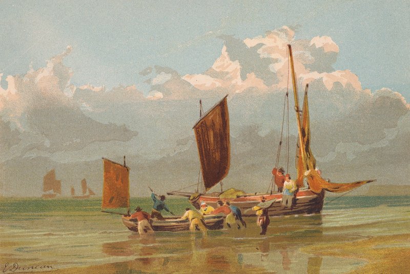 Vyplouvající rybářské lodě, Norfolk (barevná litografie) od Edward (after) Duncan