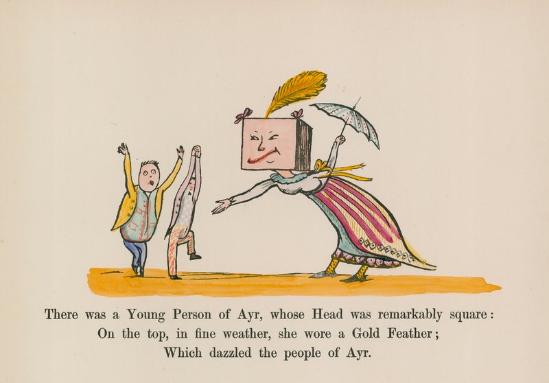 Byl tam mladík z Ayru, jehož hlava byla pozoruhodně hranatá (kolorovaná rytina). od Edward (after) Lear