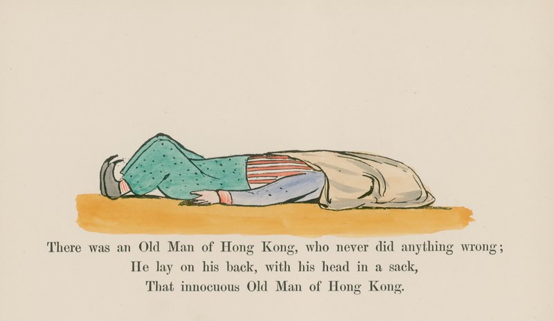 Byl jeden starý muž z Hongkongu, který nikdy neudělal nic špatného (kolorovaná rytina) od Edward (after) Lear