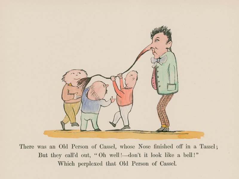 Byl tu jeden starý člověk z Casselu, jehož nos byl zakončen střapcem (kolorovaná rytina). od Edward (after) Lear