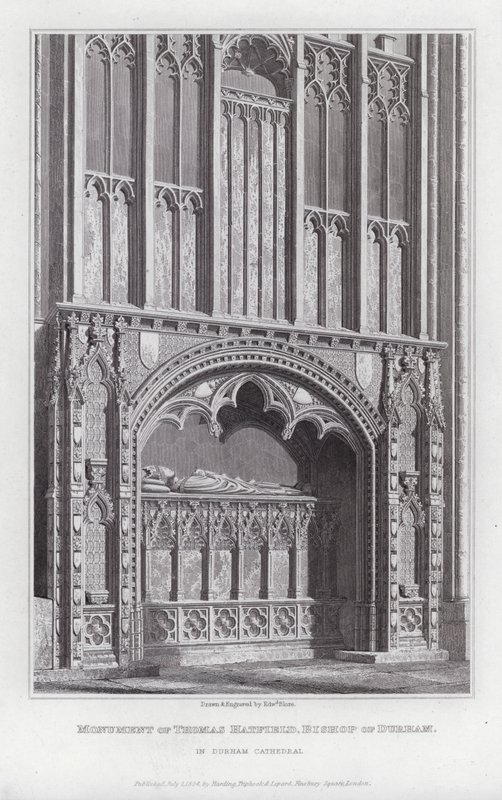 Památník Thomase Hatfielda, biskupa z Durhamu, v katedrále v Durhamu (rytina) od Edward Blore