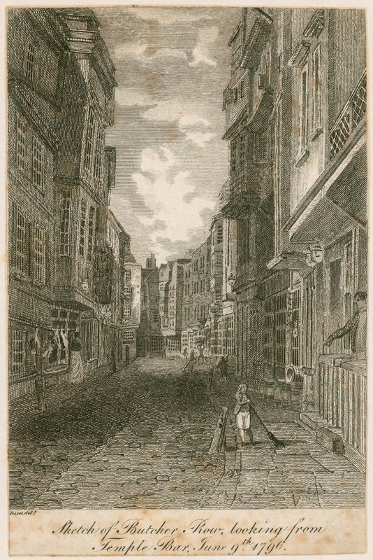 Sketch of Butcher Row, při pohledu z Temple Bar, 9. června 1796 od Edward Dayes