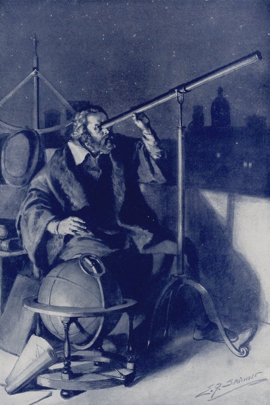 Galileo objevuje nové světy (barevná litografie) od Edward Frederick Skinner