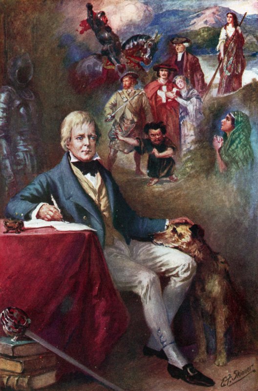 Sir Walter Scott a některé z jeho nejslavnějších děl (barevná litografie) od Edward Frederick Skinner