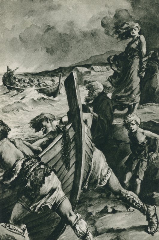 Vikingové, kteří vypluli z norských fjordů a objevili Ameriku dávno před Kolumbem (litografie) od Edward Frederick Skinner