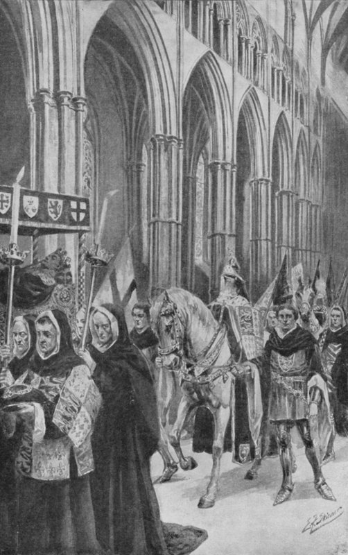 Koně krále Jindřicha V. následují jeho rakev do chrámové lodi (litografie) od Edward Frederick Skinner