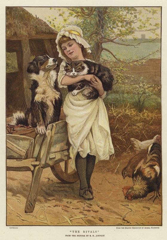 Mladá dívka držící kočku v náručí vedle psa (barva litho) od Edward Killingworth Johnson