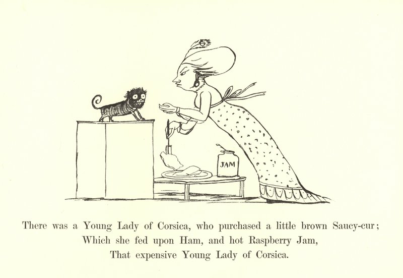 Byla jedna mladá dáma z Korsiky, která si koupila malou hnědou Saucy-cur. od Edward Lear