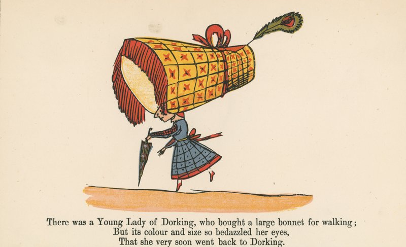 Jedna mladá dáma z Dorkingu si koupila velkou čepici na chůzi z knihy „A Book of Nonsense“, kterou vydal Frederick Warne and Co., Londýn, kolem roku 1875 od Edward Lear
