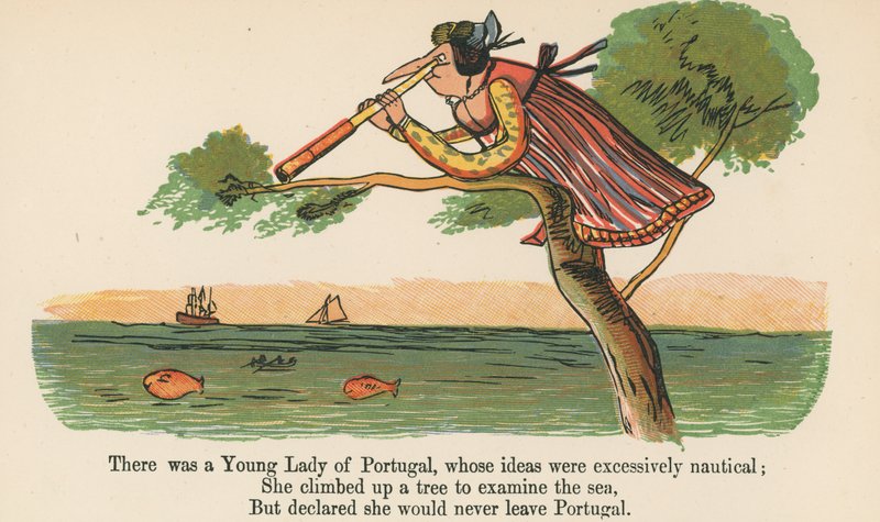 Jedna mladá dáma z Portugalska, jejíž myšlenky byly příliš námořní, z knihy „Kniha nesmyslů“, kterou vydal Frederick Warne and Co., Londýn, kolem roku 1875 od Edward Lear