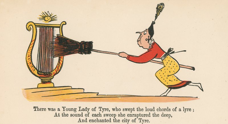 Byla jedna mladá dáma z Tyru, která vybrnkávala hlasité akordy lyry, z knihy "A Book of Nonsense", vydané nakladatelstvím Frederick Warne and Co., Londýn, asi 1875. od Edward Lear