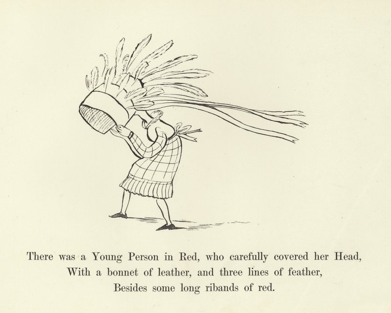 Byla tam Mladá osoba v červeném, která si pečlivě zakrývala hlavu od Edward Lear