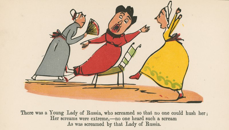 Jedna mladá dáma z Ruska, která křičela, aby ji nikdo nemohl utišit, z knihy „Kniha nesmyslů“, kterou vydal Frederick Warne and Co., Londýn, kolem roku 1875 od Edward Lear